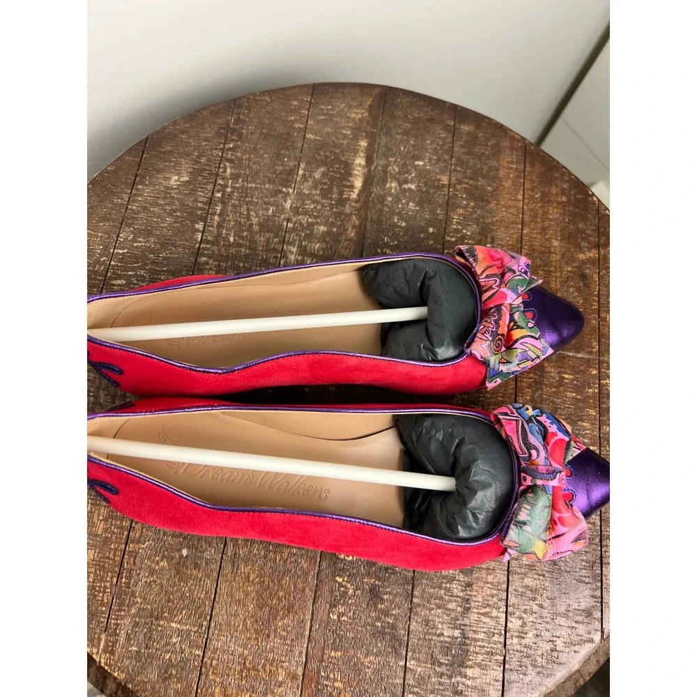 Dream Walkers Women Pink Purple Metallic Bow‎ Pointed Toe Flats Size 38